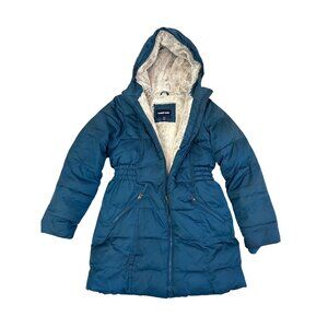 Lands’ End Girls’ Puffer Coat 10-12 Teal Blue Green Hooded Faux Fur Lining Midi